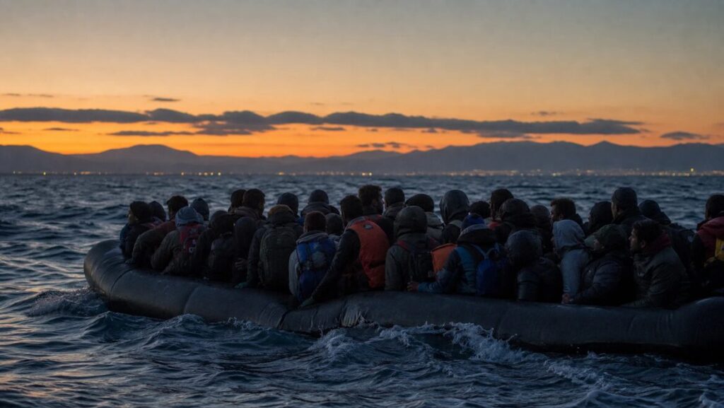 Migrants crossing the Mediterranean toward Europe, 2026.
