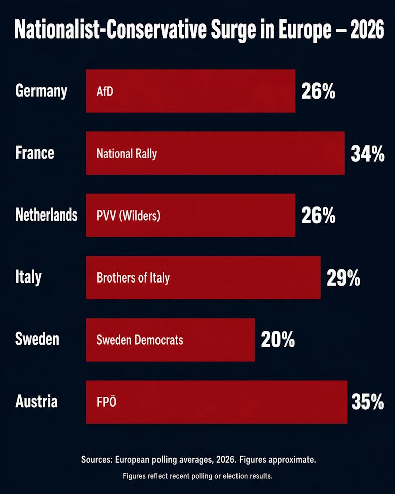 Nationalist-conservative surge across Europe, 2026, during the new Europe migration crisis.