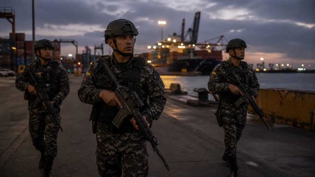 Ecuadorian soldiers patrol the port of Guayaquil amid the Ecuador gang wars, 2026.