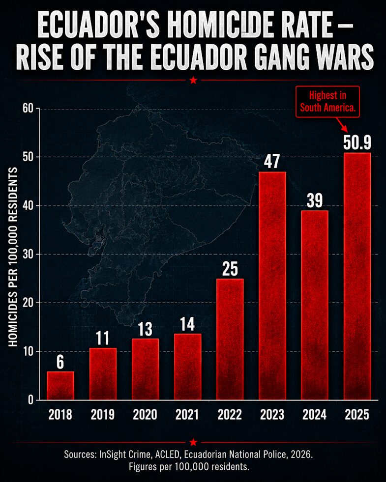 Ecuador homicide rate explosion, 2018–2025 — the human cost of the Ecuador gang wars.
