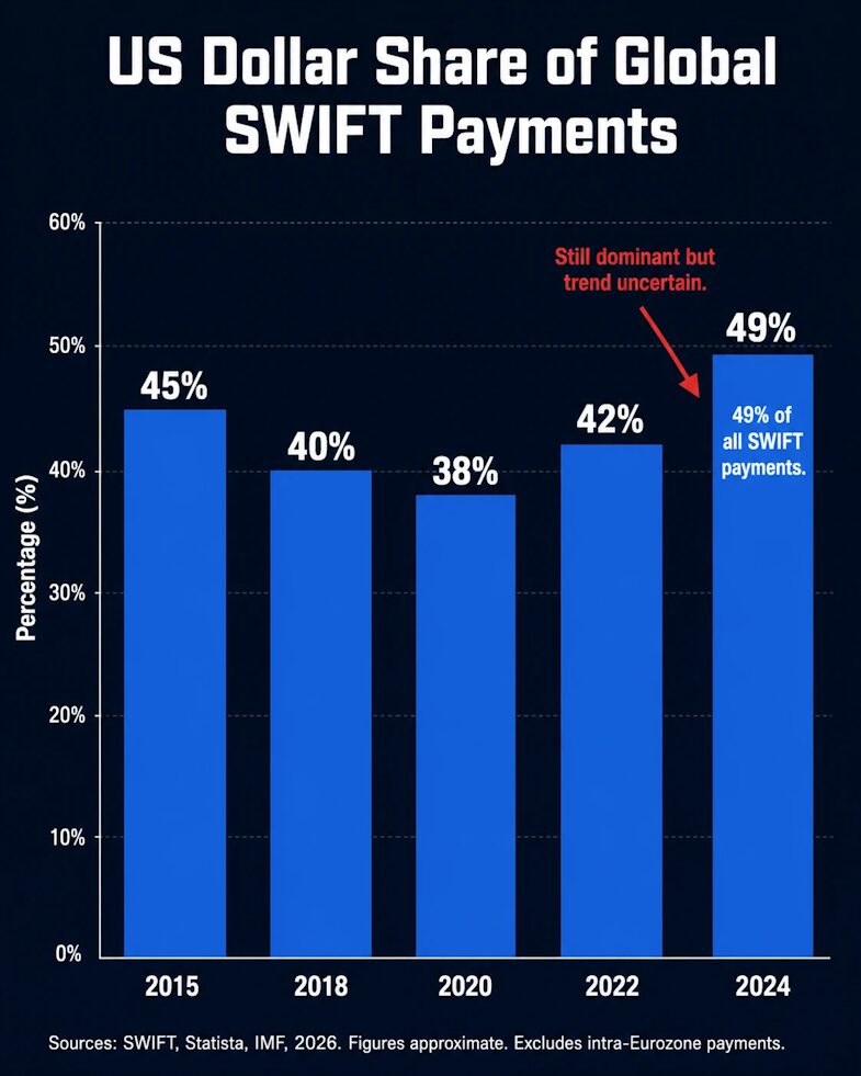 US dollar share of global SWIFT payments, now at a 12-year high despite BRICS de-dollarization efforts, 2024.