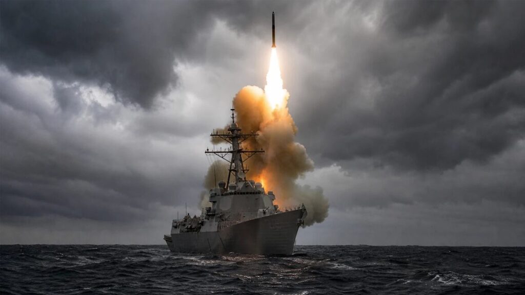 A US Navy warship launches missiles during Operation Epic Fury against Iran, 2026.