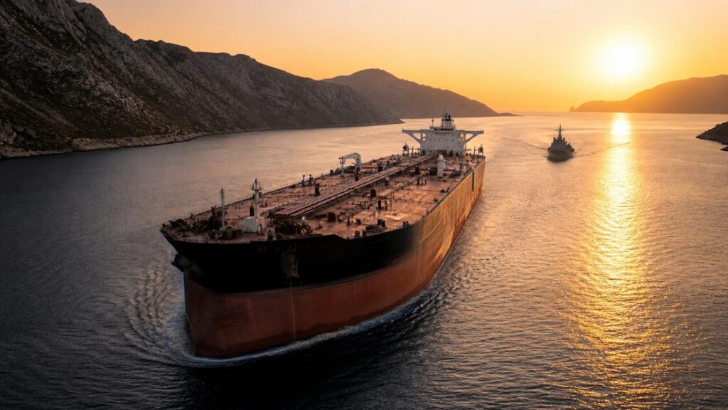 A crude oil supertanker transits the Strait of Hormuz — the world's most critical energy chokepoint.