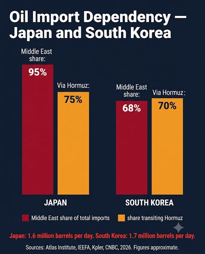 Japan and South Korea oil import dependency — share from the Middle East and transiting the Strait of Hormuz, 2026.