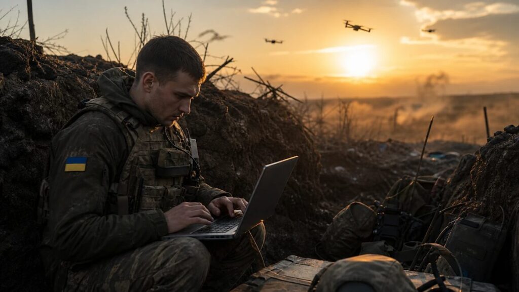 Ukrainian engineer operating combat drones on the front line.