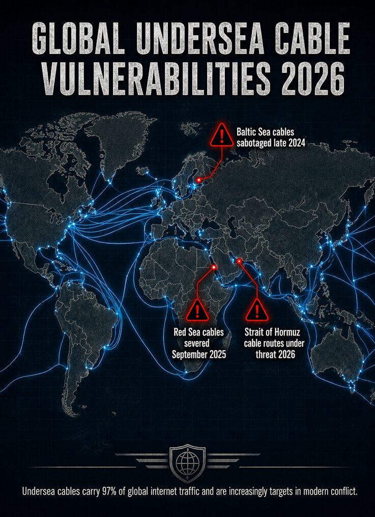 Undersea cables carry 97% of global internet traffic and face growing sabotage threats.