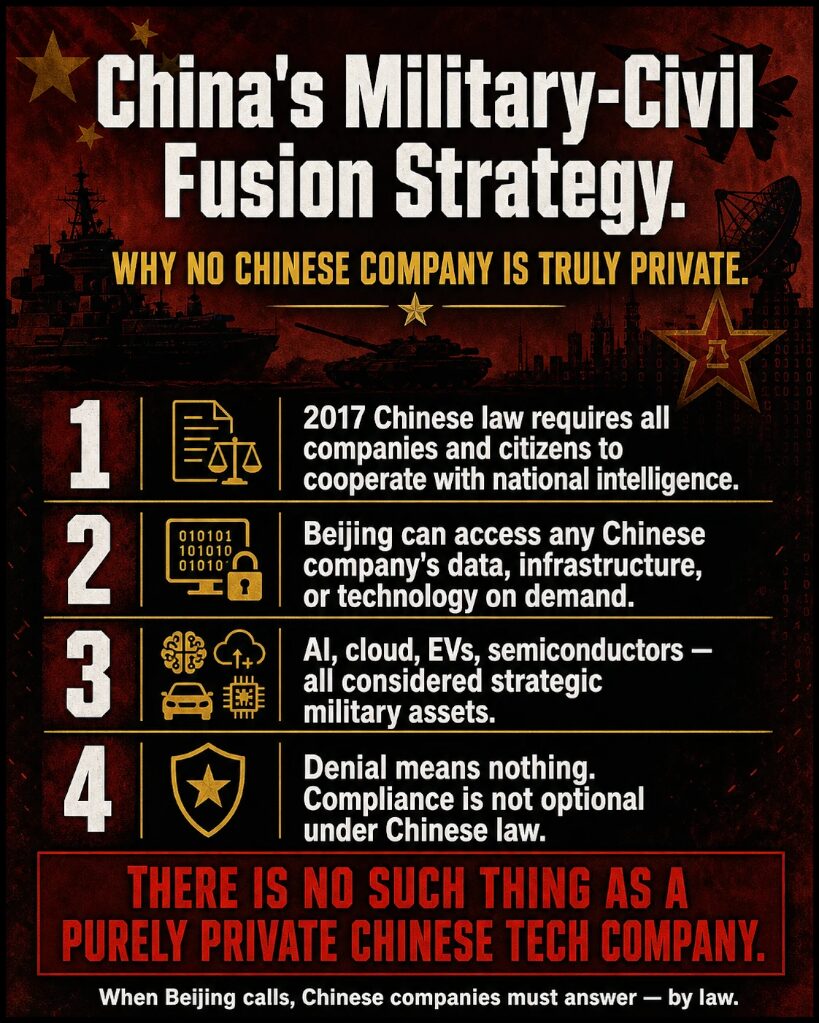 China's 2017 military-civil fusion law requires all companies to cooperate with Beijing's military when demanded.