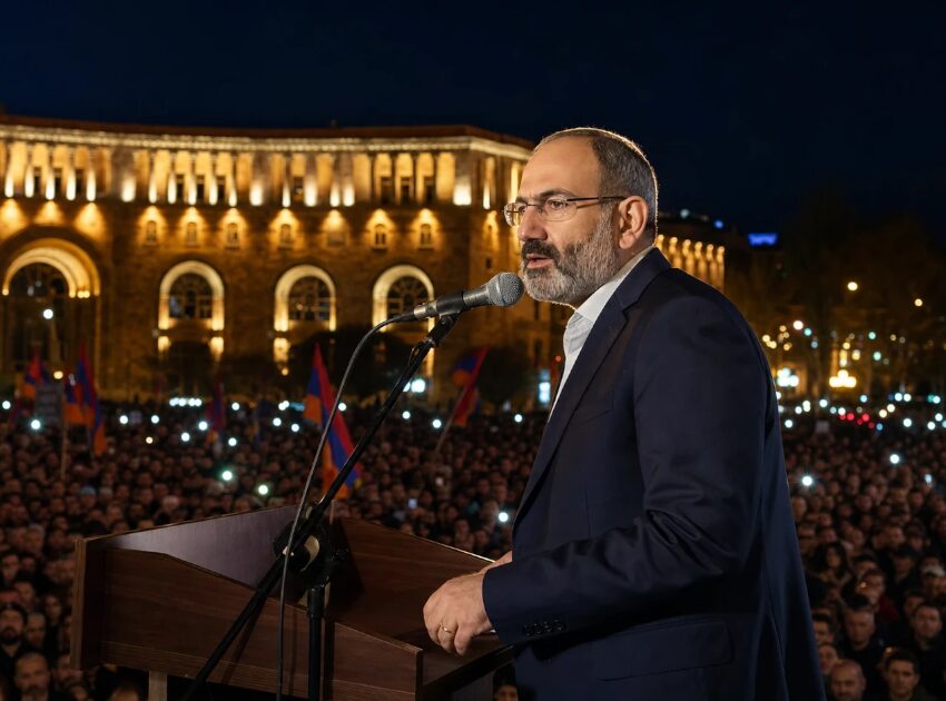 Prime Minister Nikol Pashinyan celebrates his election victory in Yerevan on June 8, 2026, defying intense Russian pressure.