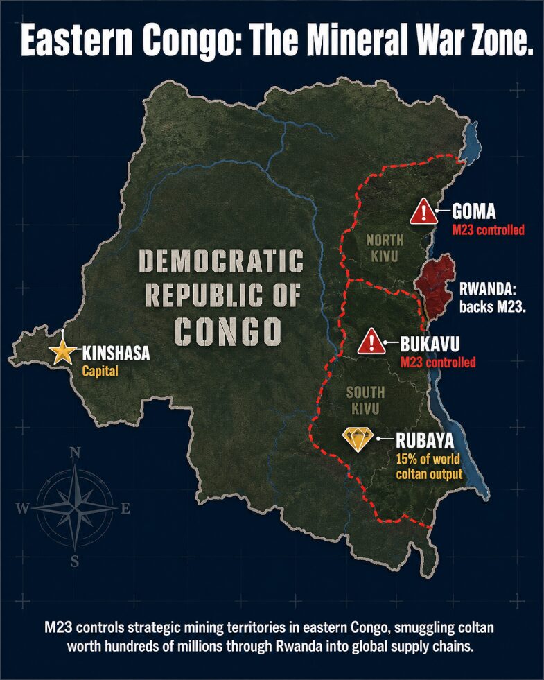 Eastern Congo conflict zone: M23 controls key mineral territories including Goma, Bukavu, and the Rubaya coltan mines near the Rwanda border.