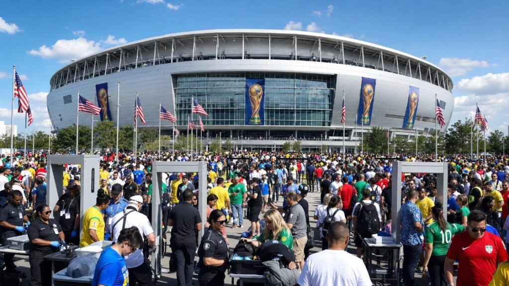 Security checkpoints at World Cup stadiums reflect a tournament where national security and global soccer now share the spotlight.