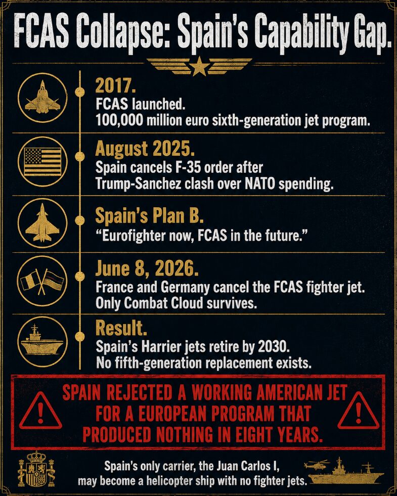 Spain bet its future air power on FCAS. The program collapsed in June 2026, leaving Spain's only carrier without a fighter jet replacement.