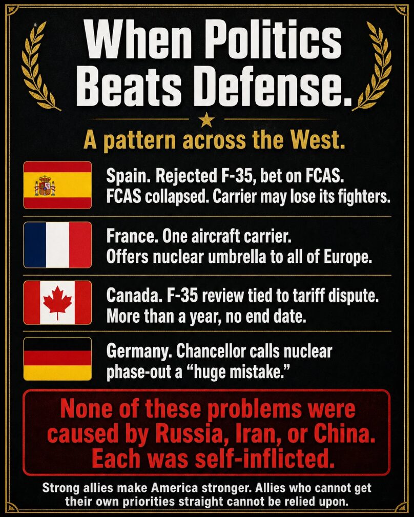 Spain, France, Canada, and Germany each show how politics, pride, and trade disputes have undermined Western defense readiness in 2026.