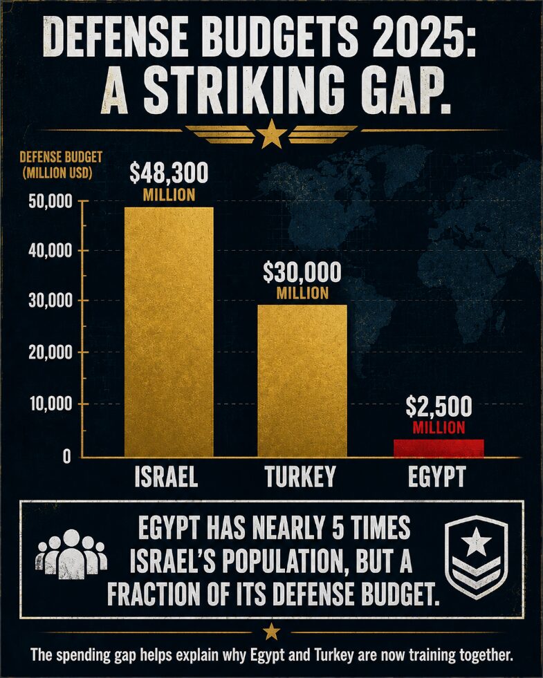 Israel's 2025 defense budget was nearly 20 times larger than Egypt's, a gap that helps explain the new Egypt Turkey alliance.