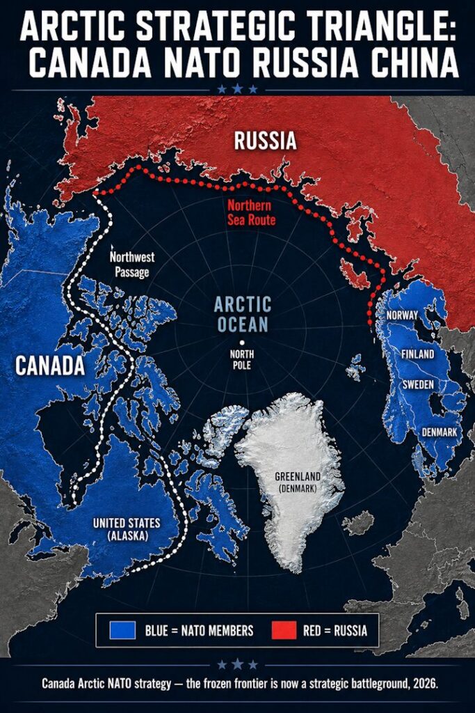 Arctic polar map — the Canada Arctic NATO strategic triangle vs. Russia and China, 2026.
