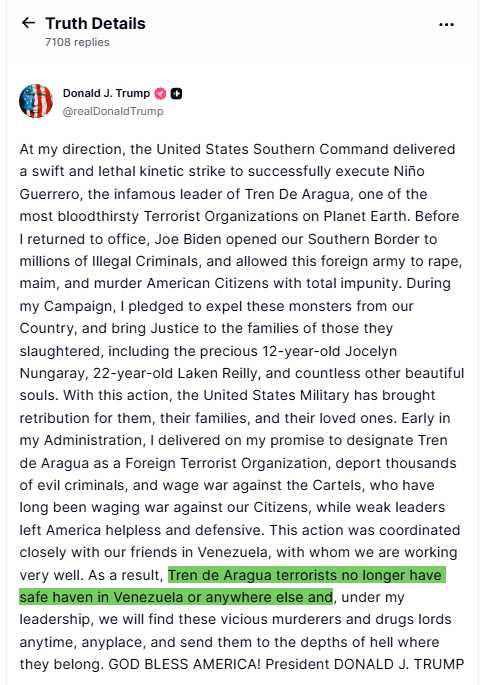 The announcement that ended Niño Guerrero's reign, direct from President Trump on Truth Social. High light added by Chomcho.com.