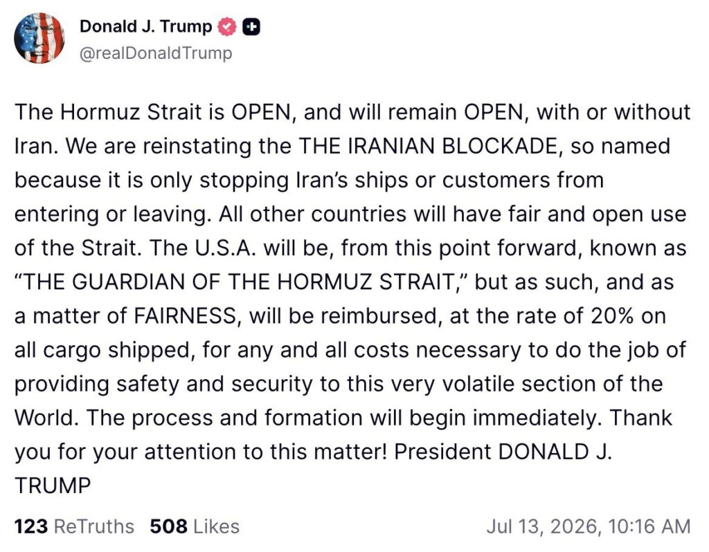 President Trump's Truth Social post declaring the US Hormuz toll and naming America the guardian of the strait.