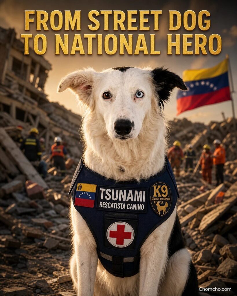 Tsunami — former street dog, now a national hero of the Venezuela earthquake 2026.