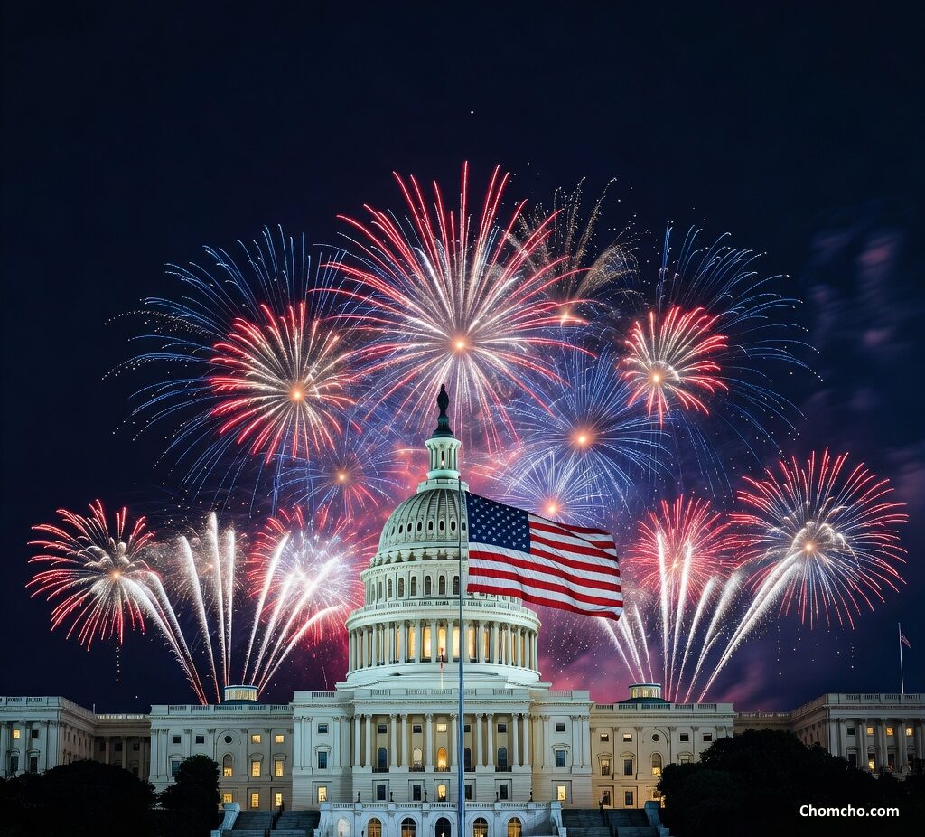 The United States Capitol at night with Fourth of July fireworks above the dome.